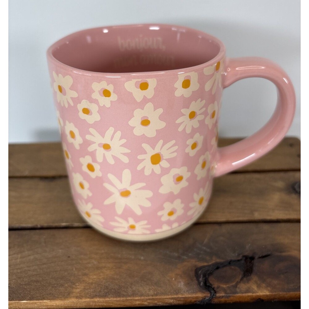 Opal House Pink/White Daisies Stoneware Coffee Mug "Bonjour Mon Amour" Quote